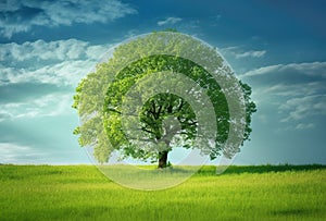 Beautiful bright colorful summer spring landscape with lonely tree on field, fresh green grass on meadow and blue sky with clouds