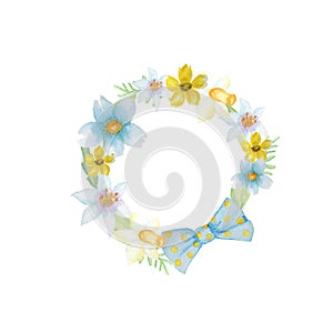 Beautiful bright colors watercolor spring flowers frame. Easter Yellow blue flower with green leaf, bow composition on