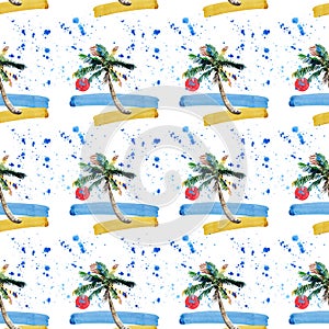 Beautiful bright cute green tropical lovely wonderful hawaii floral herbal summer pattern of a beach sunset, palm tree, sea, red s