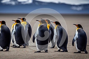 Beautiful bright emperor penguins walk in group along seashore.