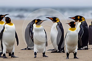 Beautiful bright emperor penguins walk in group along seashore.