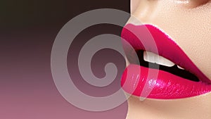 Beautiful Bright Fashion Make-up on Full Lips. Trend Pink Lip Makeup. Vivid shiny Lipgloss. Valentines Day Makeup
