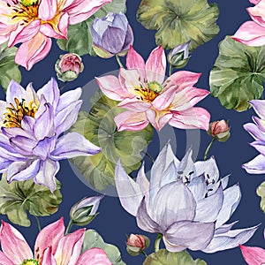 Beautiful bright floral seamless pattern. Purple and pink lotus flowers with bid leaves on dark blue background. photo