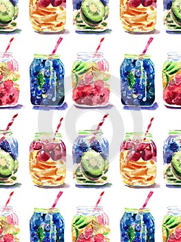 Beautiful bright fresh tasty juicy delicious lovely cute colorful detox bank with blue blackberry, mulberry and kiwi sliced, red c