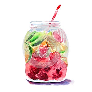 Beautiful bright fresh tasty juicy delicious lovely cute colorful detox bank with red mulberries, ripe green limes and oranges and