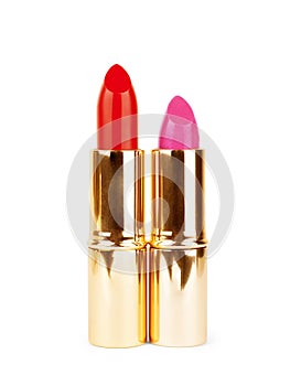 Beautiful bright lipstick in a gold box on a white background