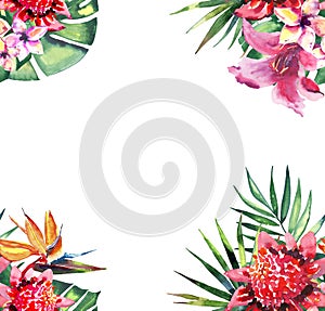 Beautiful bright lovely colorful tropical hawaii floral herbal summer frame of tropical flowers hibiscus orchids and palms leaves