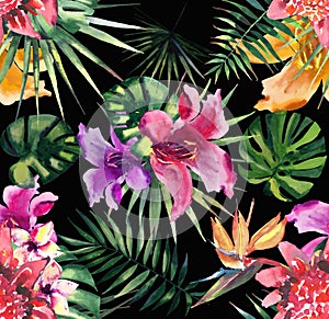 Beautiful bright lovely colorful tropical hawaii floral herbal summer pattern of tropical flowers hibiscus orchids and palms leave