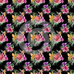 Beautiful bright lovely colorful tropical hawaii floral herbal summer pattern of tropical flowers hibiscus orchids and palms leave