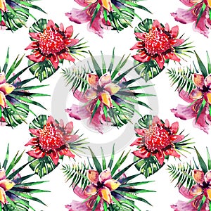 Beautiful bright lovely colorful tropical hawaii floral herbal summer pattern of tropical flowers hibiscus orchids and palms leave