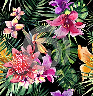 Beautiful bright lovely colorful tropical hawaii floral herbal summer pattern of tropical flowers hibiscus orchids and palms leave