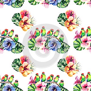 Beautiful bright lovely colorful tropical hawaii floral herbal summer pattern of tropical flowers hibiscus, palms leaves and lovel