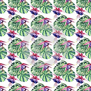 Beautiful bright lovely colorful tropical hawaii floral herbal summer pattern of tropical violet flowers orchids and palms leaves