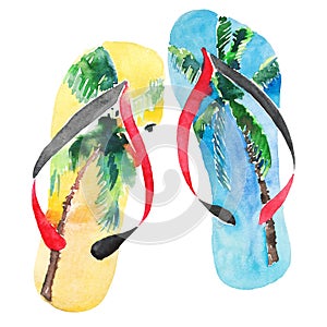 Beautiful bright lovely comfort summer pattern of beach blue yellow flip flops with tropical palm design watercolor hand illustrat