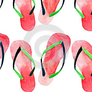 Beautiful bright lovely cute comfort summer pattern of beach red green flip flops watercolor hand illustration