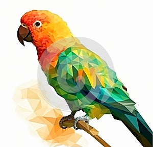 Beautiful bright multi-colored parrot on a branch, close-up, polygonal