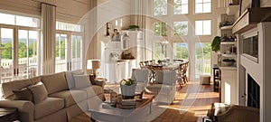 Beautiful and bright open concept living room,Modern Farmhouse, farmhouse interior. Generative Ai