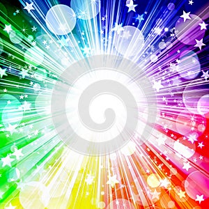 Beautiful bright rainbow background, burst stars, stars, circles, rays, holiday, fun, party, music festival, vacation, rainbow