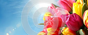 Beautiful bright spring tulips and blue sky on background, space for text. Banner design