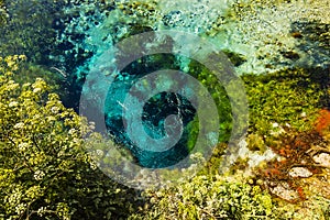 Beautiful bright turquoise spring Blue Eye Syri i Kalter Saranda, Albania, river Bistrice. Top view with pebbles, stones and