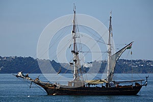 Beautiful Brixham seascape with an historic sailing ship from Berry Head Brixham Devon looking out to sea