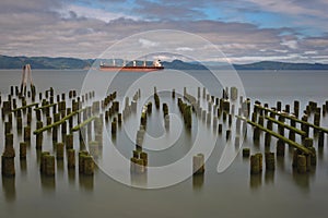 Beautiful broken symmetry of mossy pilings with ship in background