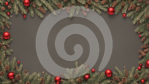 Beautiful brown Christmas background with a border of fir branches, red baubles, pine cones