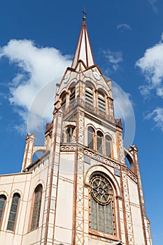 Beautiful Brown Church Steeple Rising Into Sky