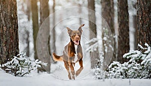 Beautiful brown dog running in the snow between trees in winter forest