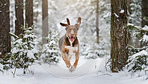 Beautiful brown dog running in the snow between trees in winter forest