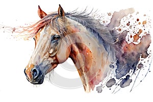 Beautiful brown horse portrait isolated on white, watercolor illustration, generated by AI