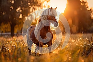 Beautiful brown horse standing in high grass in sunset light. Red horse with long mane in flower field