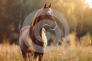 Beautiful brown horse standing in high grass in sunset light. Red horse with long mane in flower field