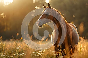 Beautiful brown horse standing in high grass in sunset light. Red horse with long mane in flower field