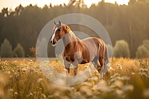 Beautiful brown horse standing in high grass in sunset light. Red horse with long mane in flower field