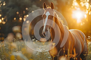 Beautiful brown horse standing in high grass in sunset light. Red horse with long mane in flower field