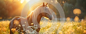 Beautiful brown horse standing in high grass in sunset light. Red horse with long mane in flower field