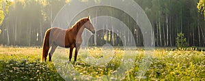 Beautiful brown horse standing in high grass in sunset light. Red horse with long mane in flower field