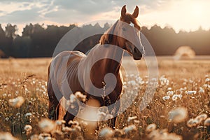 Beautiful brown horse standing in high grass in sunset light. Red horse with long mane in flower field