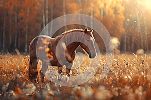 Beautiful brown horse standing in high grass in sunset light. Red horse with long mane in flower field