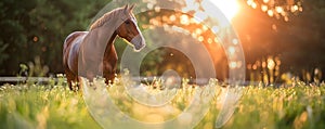 Beautiful brown horse standing in high grass in sunset light. Red horse with long mane in flower field