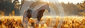 Beautiful brown horse standing in high grass in sunset light. Red horse with long mane in flower field