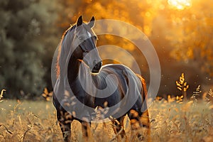 Beautiful brown horse standing in high grass in sunset light. Red horse with long mane in flower field