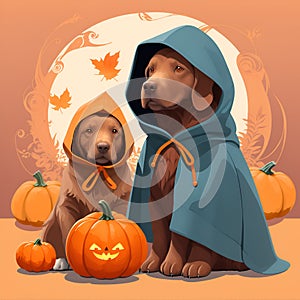Beautiful brown Labrador retriever sitting next to some pumpkins and gourds. Dog in a costume, pumpkin in paw. Postcard for pet