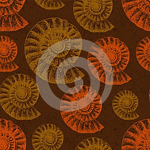 Beautiful brown and orange ammonite fossils seamles pattern sketck over brown worn out effect photo