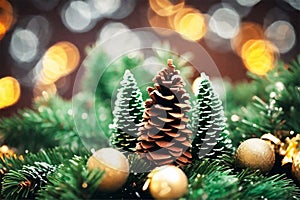 Beautiful brown pine cones against the background of fluffy branches of a green Christmas tree and golden bokeh lights. Festive