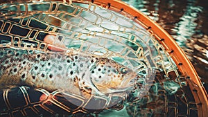 Beautiful brown trout in fishing landing net. Fishing principle of & x22;catch and release