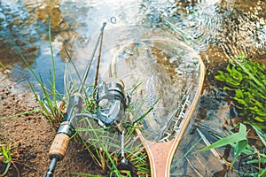 Beautiful brown trout in fishing landing net. Fishing principle of & x22;catch and release