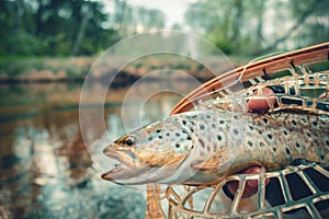 Beautiful brown trout in fishing landing net. Fishing principle of "catch and release