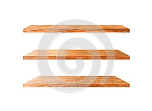 Beautiful brown wood shelves isolated on white background with copy space and clipping path for your product or design